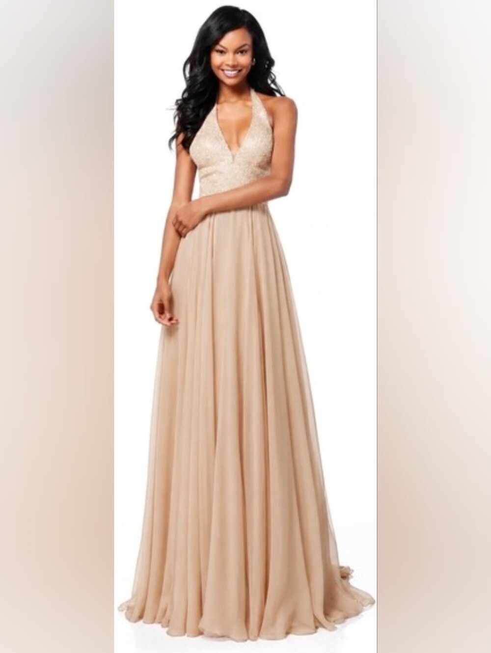 Sherri Hill NWT Nude Halter Sequin Bodice Chiffon Maxi Dress Size 6 #51640